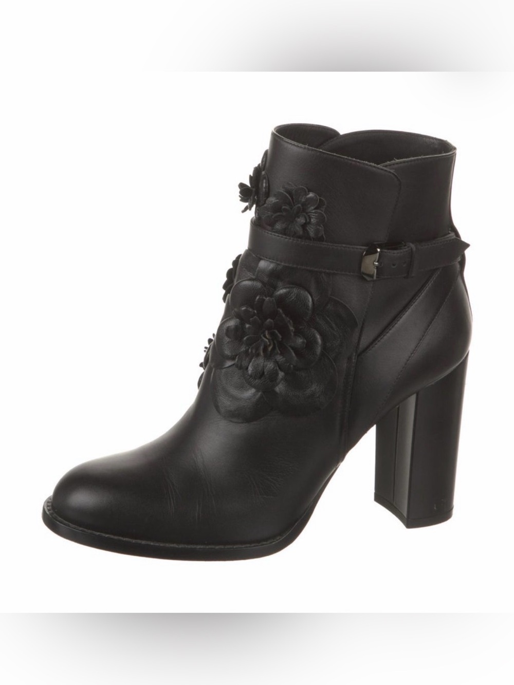 Valentino Garavani Black Leather Floral Applique Ankle Boot